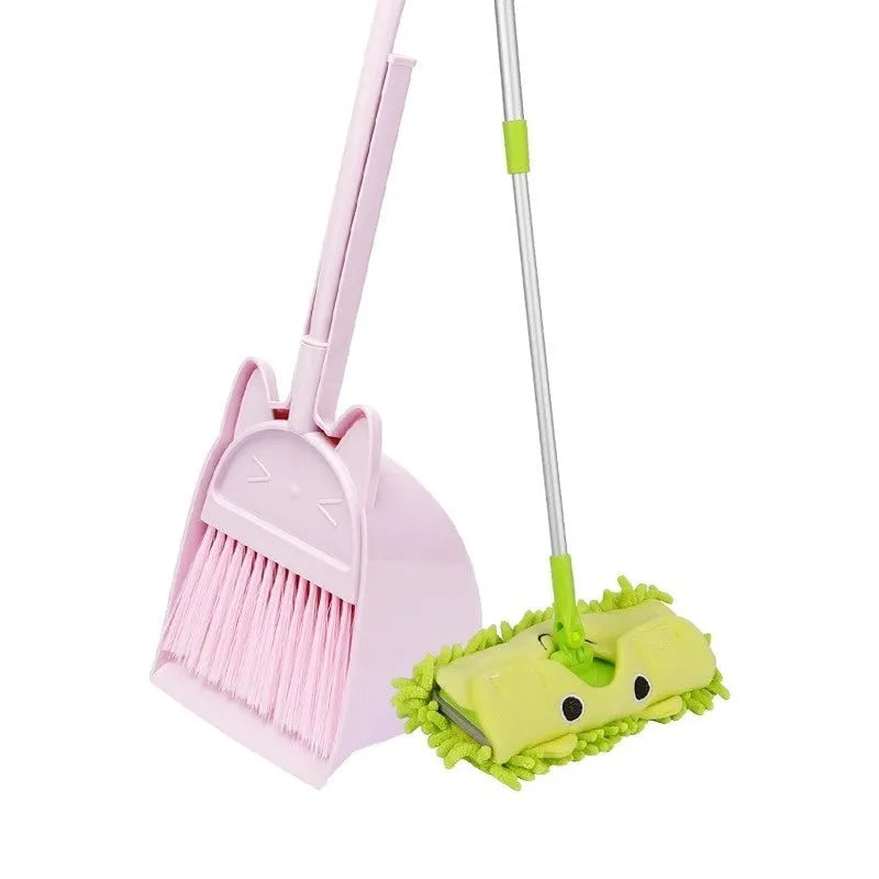 Broom and dustpan cleaning set with rotating brush holder in purple, green, or beige colours