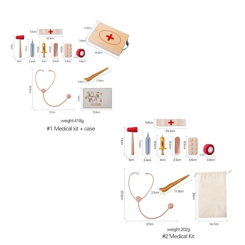 Wooden children's doctor play set with stethoscope educational toy in cloth bag packaging