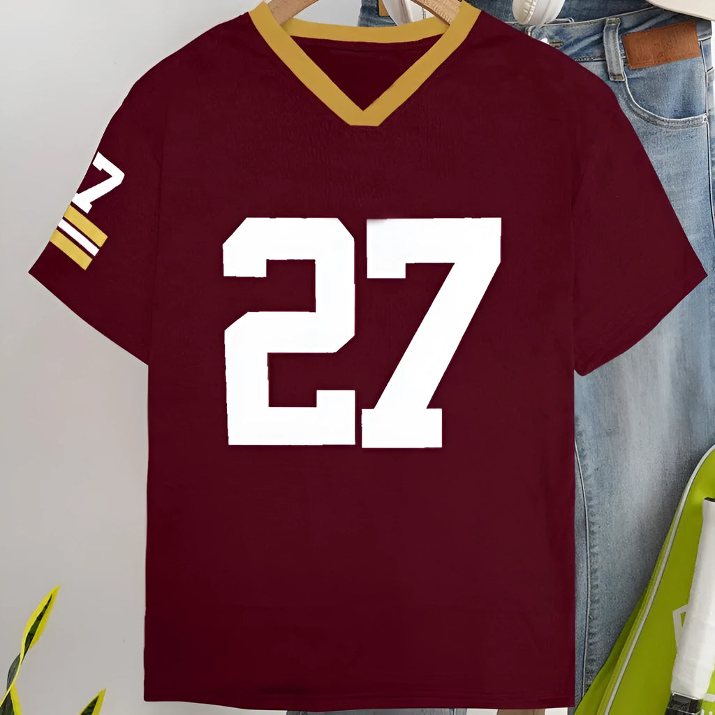 Red loose fit cotton T-shirt with white digitally printed letter pattern on the front.