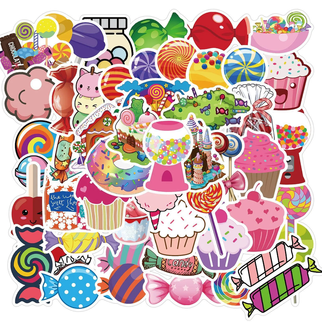 Candy series graffiti colour adhesive stickers pack with cartoon cute designs, 50 sheets each 4-6cm