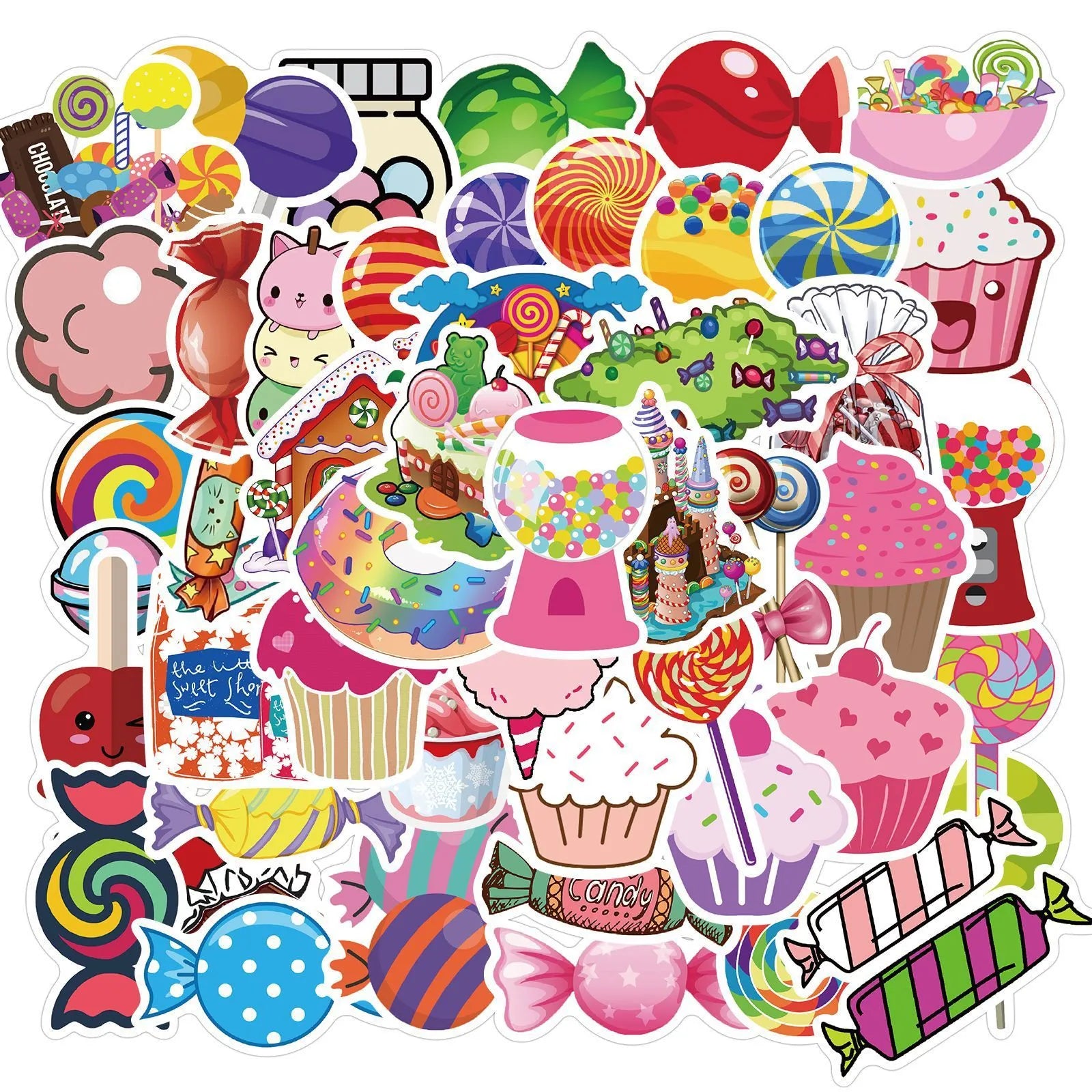 Candy series graffiti colour adhesive stickers pack with cartoon cute designs, 50 sheets each 4-6cm