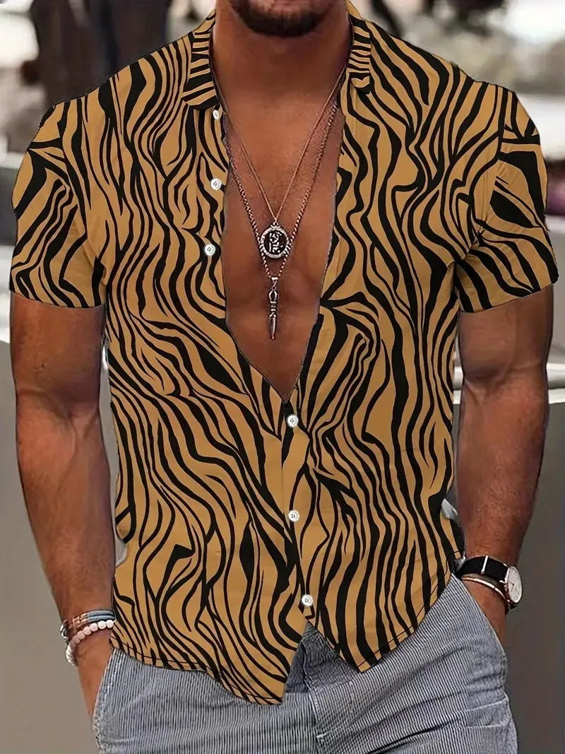 Men's geometric pattern short sleeve shirt with lapel collar on a slim fit model.