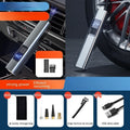 Wireless digital display car air pump and vacuum cleaner with emergency light functions.
