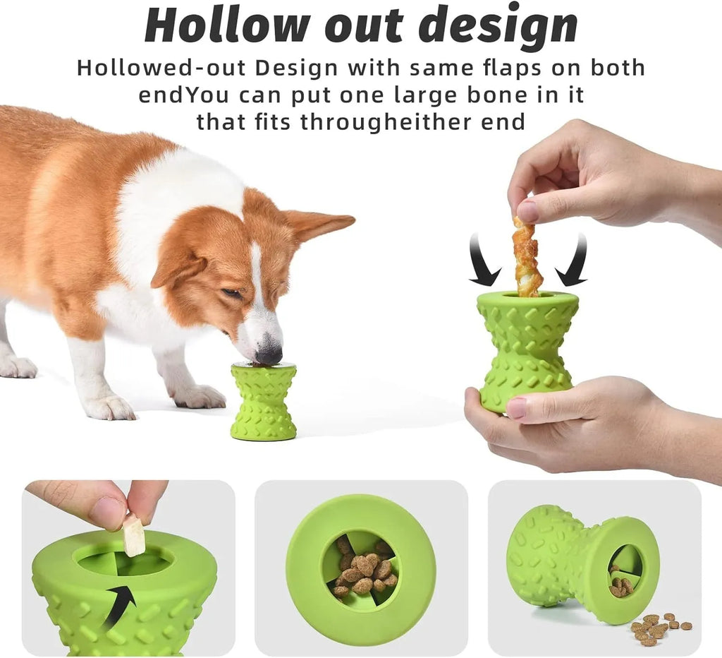 Blue natural rubber hollow dog bone toy with treat leakage holes on a white background.