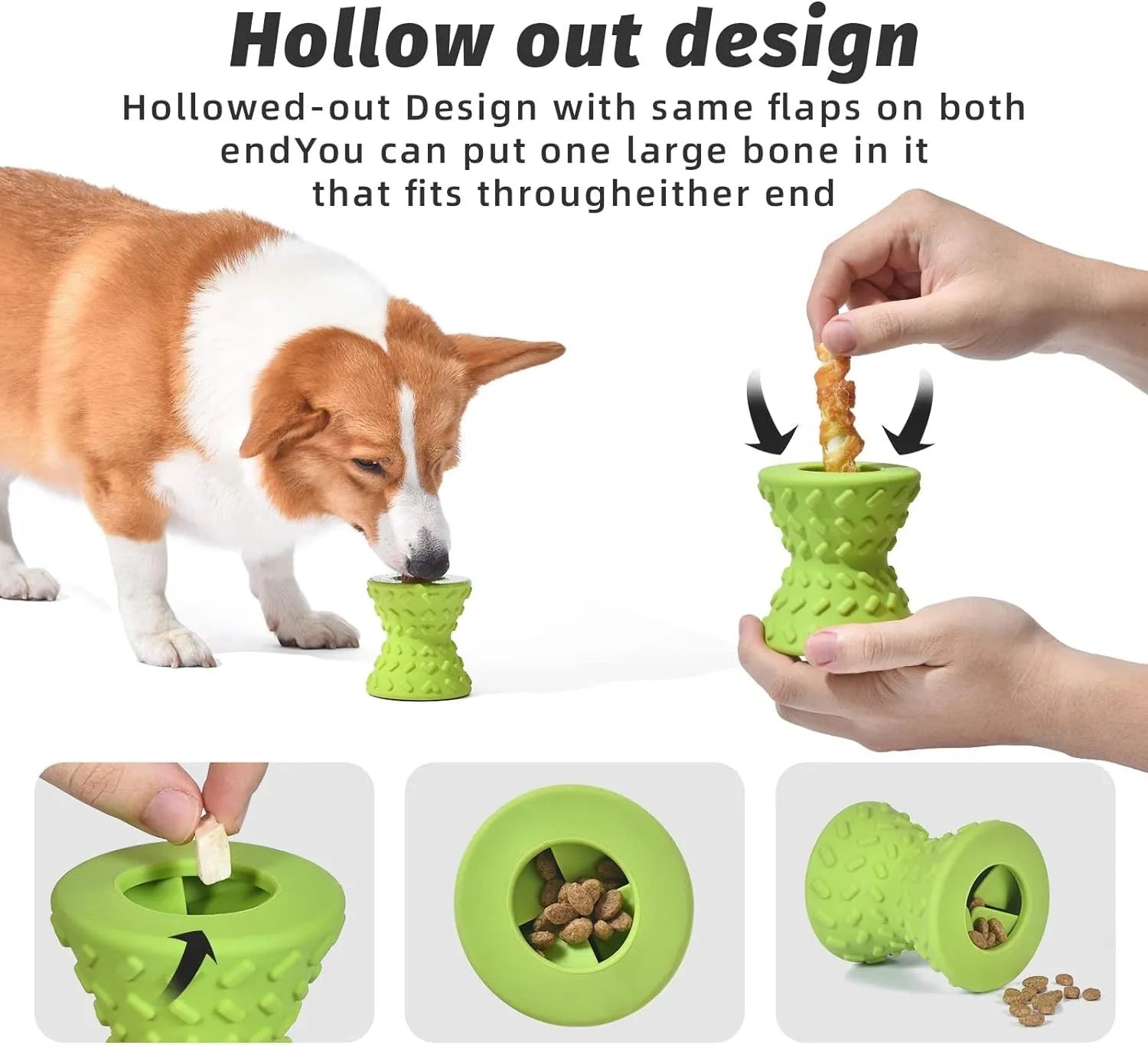 Blue natural rubber hollow dog bone toy with treat leakage holes on a white background.