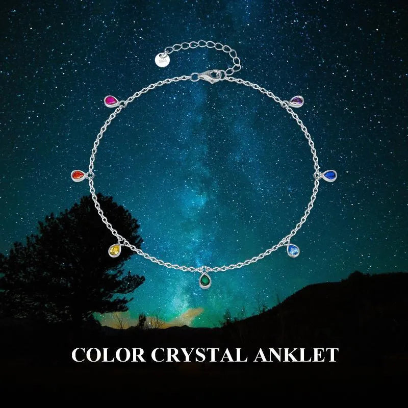 Sterling silver anklet with rainbow oval crystal stones on white gold plated 1.2mm cable chain