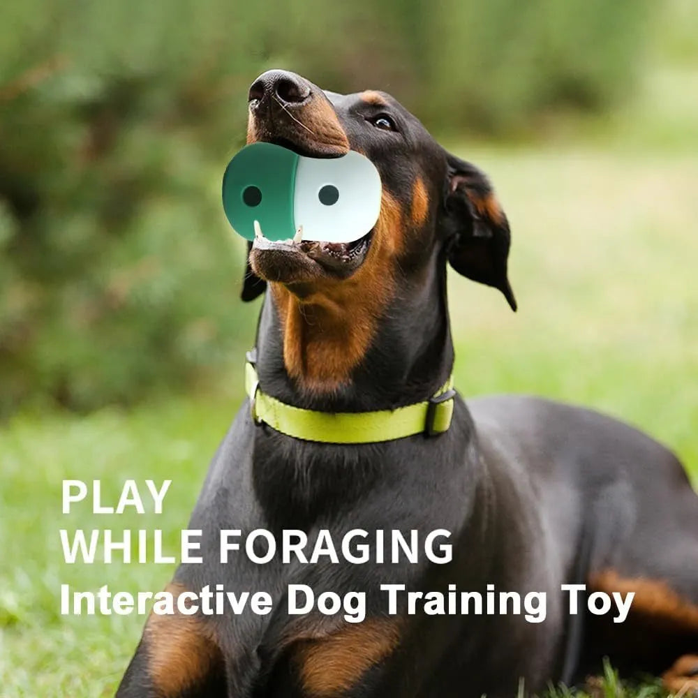 White and blue food-grade silicone dog treat puzzle ball for interactive chase play.
