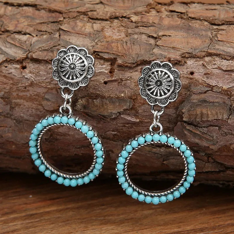 Antique silver alloy geometric round turquoise earrings for women, 2.2 by 4.2 cm drop