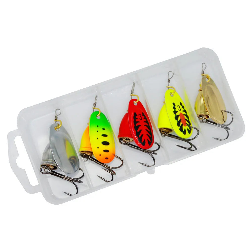 Metal fishing lure with rotating sequins and a copper bell in multiple colour variants including gold, red, and silver.