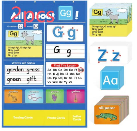 Alphabet learning chart for children with word cards, letter cards, and picture cards laid out.