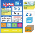Children's alphabet learning chart with flash cards laid out on a 60x40cm sleeve.