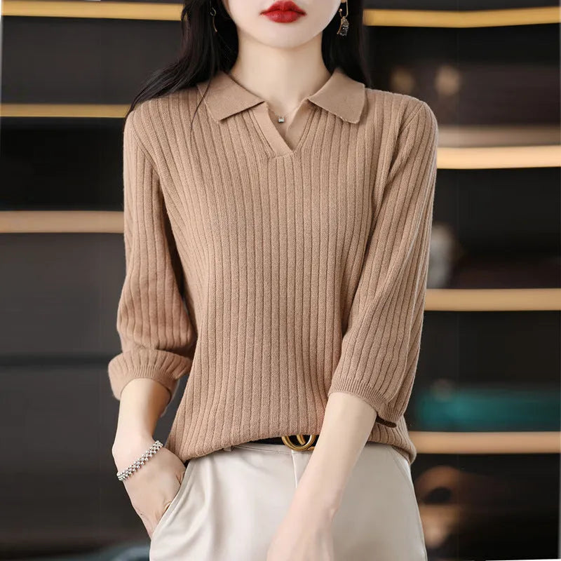 Women's loose striped polyester inner sweater pullover in camel