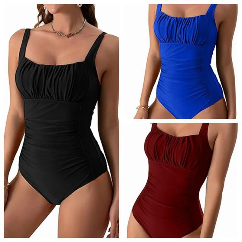 Square neck one-piece bikini swimsuit with pleated solid colour design