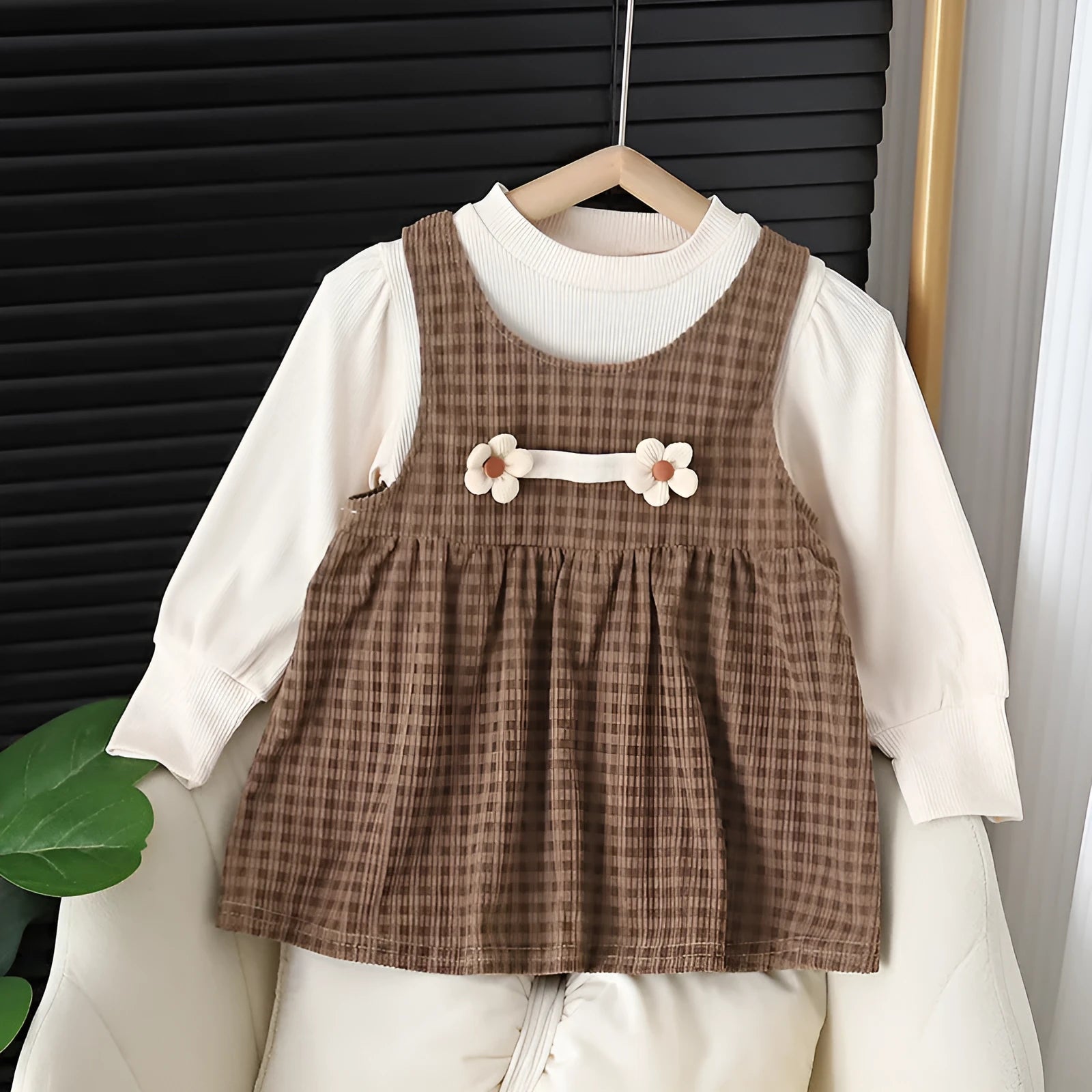 Baby girl cotton blend dress suit with plaid pattern and long sleeves in dark coffee colour
