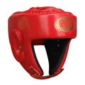 Red fully enclosed boxing helmet with jaw protection on a white background.