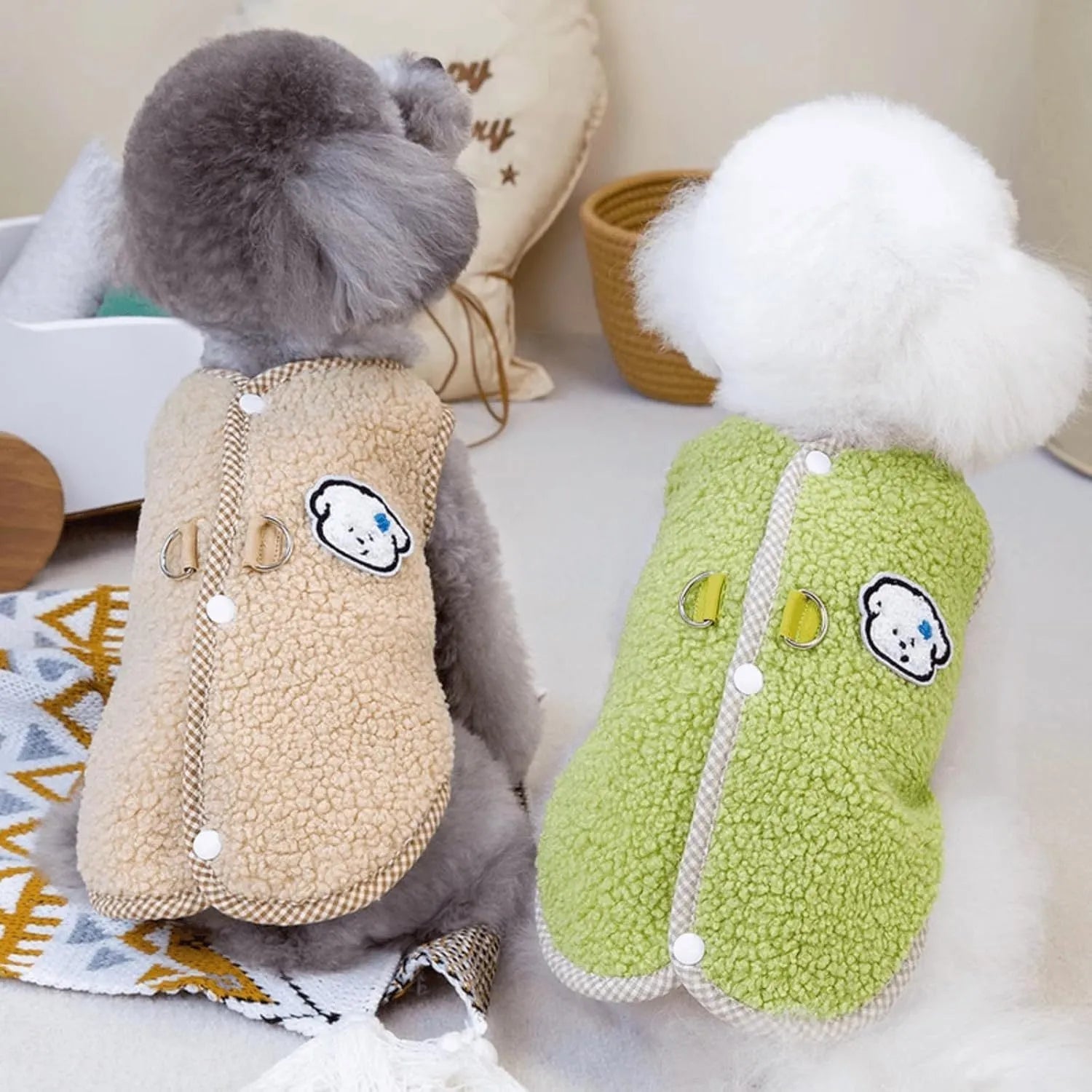 Green thickened coral fleece dog vest with a leash ring on a small dog.