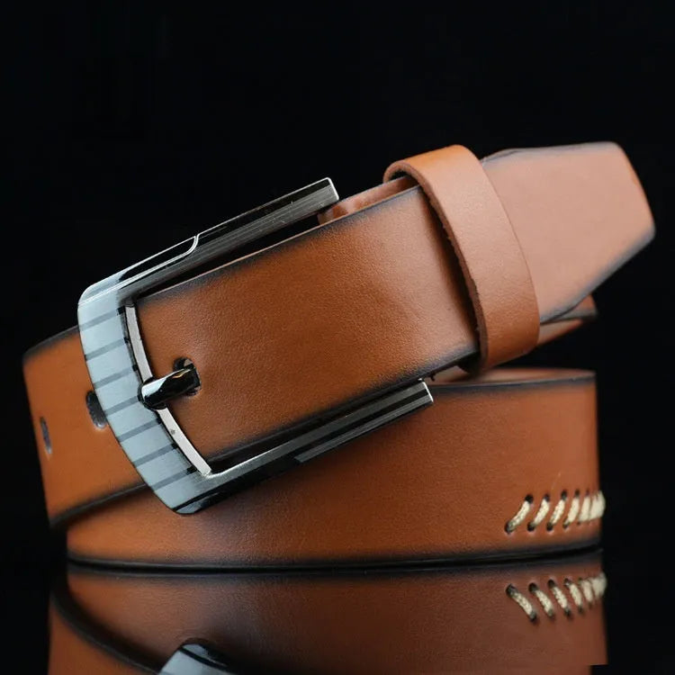 Men's threading pattern belt with pin buckle in black, brown, and white colour options