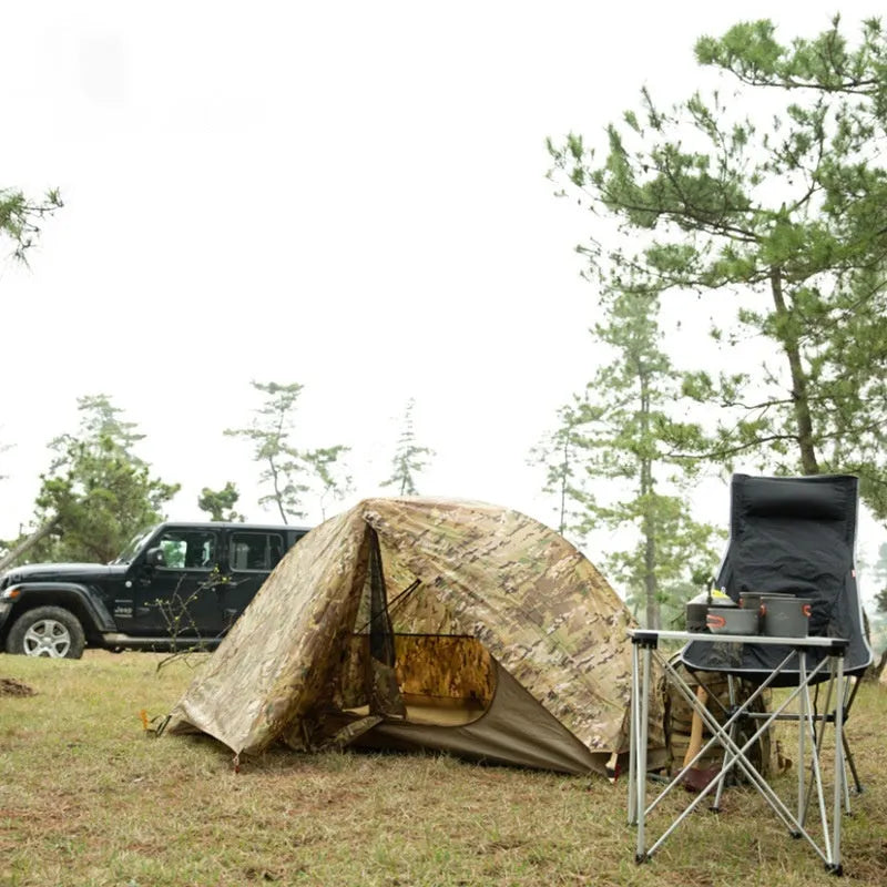 Single person soldier tent in camouflage design for outdoor camping