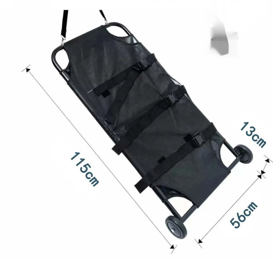 A large black foldable aluminium alloy pet stretcher for dogs, shown in both open and folded positions.