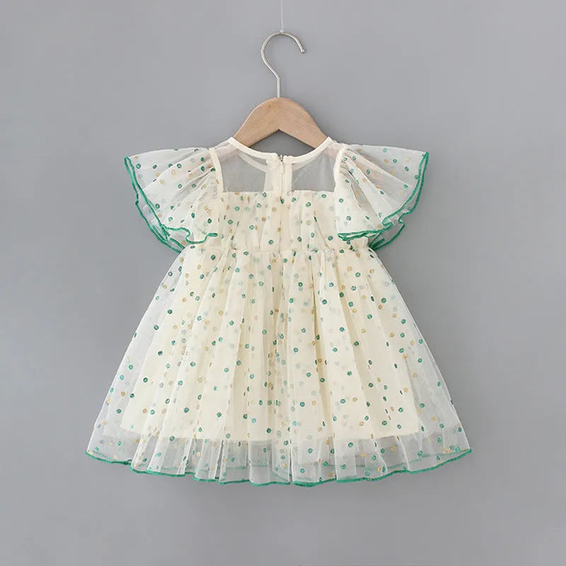 Girls green and yellow striped cotton romper dress with sleeveless A-line design for ages 3-8