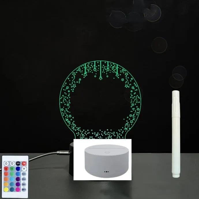 3D acrylic LED message board with touch control, black ABS base, USB cable, and stylus pen on desk