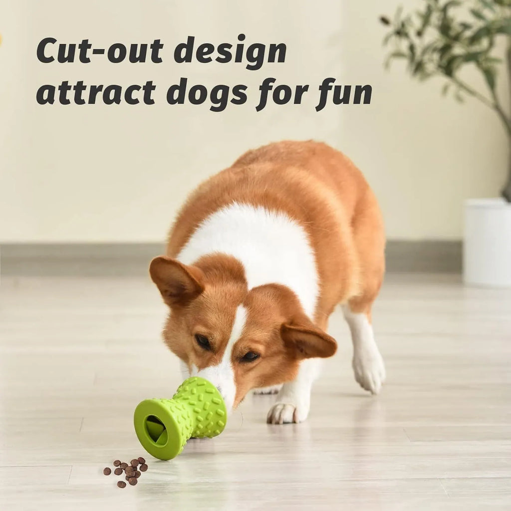 Blue natural rubber hollow dog bone toy with treat leakage holes on a white background.