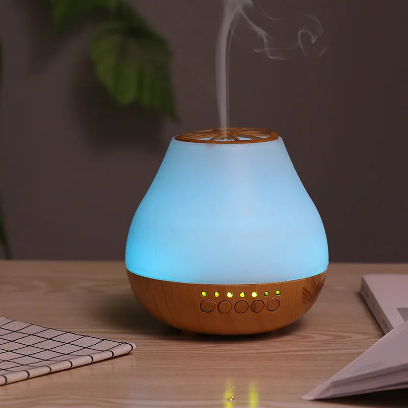 USB-powered ultrasonic essential oil aroma diffuser with colourful night light in wood grain finish