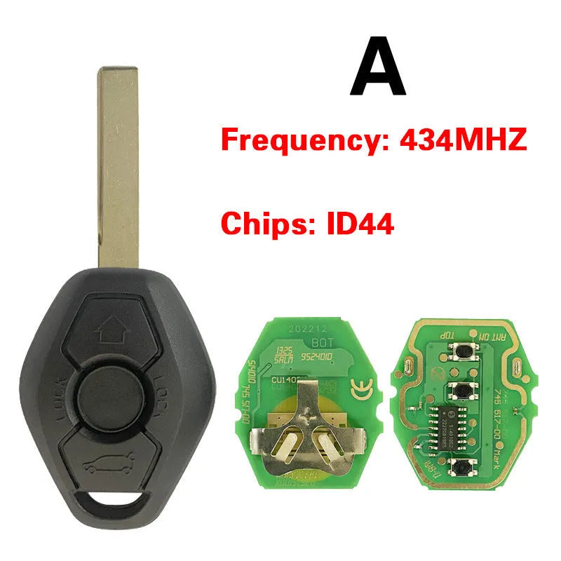 BMW EWS three-button straight remote key with ID44 transponder chip and HU58 blade.
