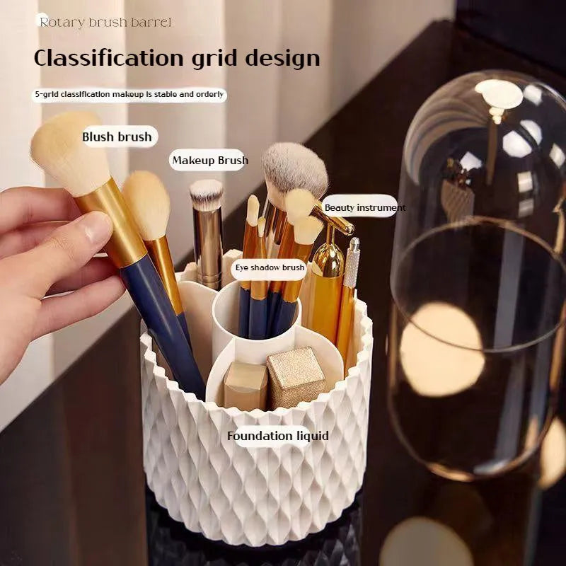 Transparent rotating makeup brush holder with white base and dust-proof lid