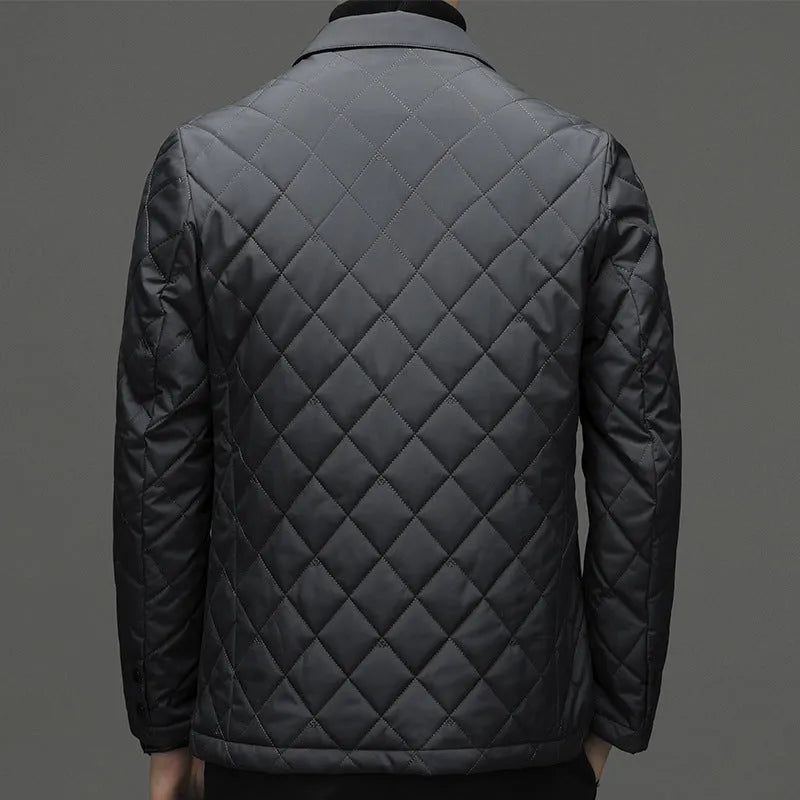 Men's thick lapel winter down jacket in black, shown with side seam pockets.