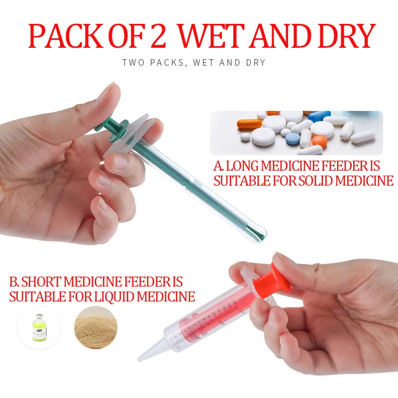 Two pet pill shooters with soft silicone tips, measuring 15cm and 11.5cm, for administering medication to cats and dogs