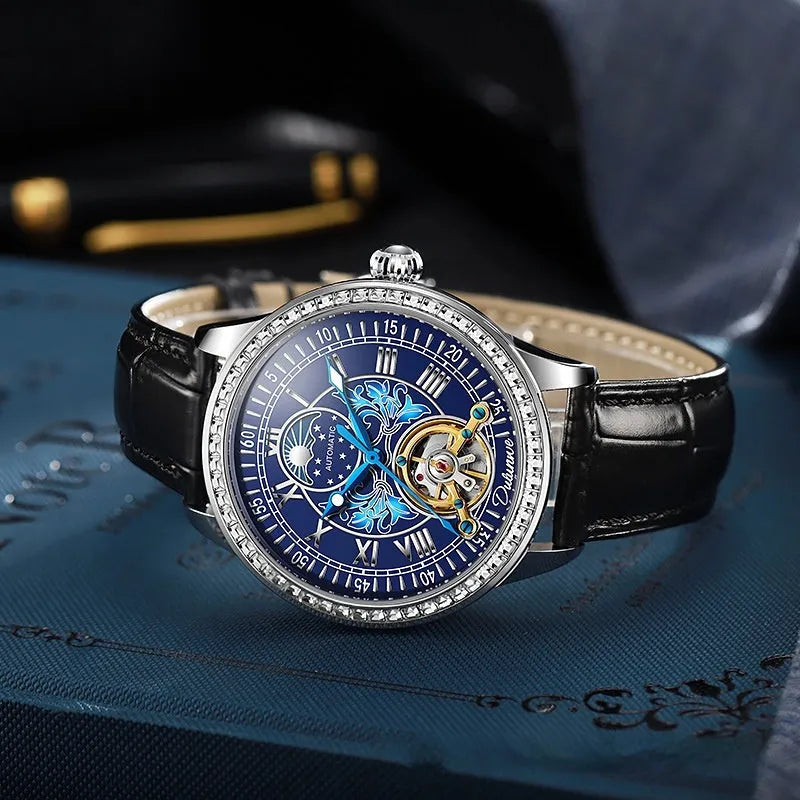 Men's stainless steel mechanical watch with round dial and butterfly buckle, shown in rose gold colour option.