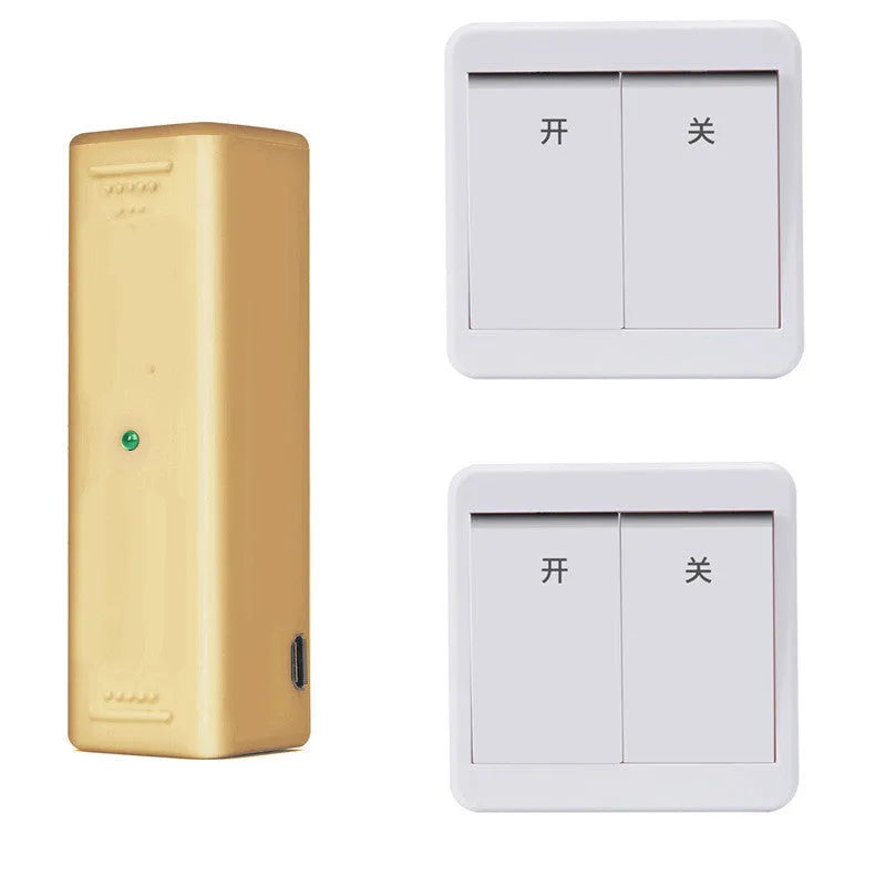 Gold and white wireless touch light switch remote control with USB charging port.