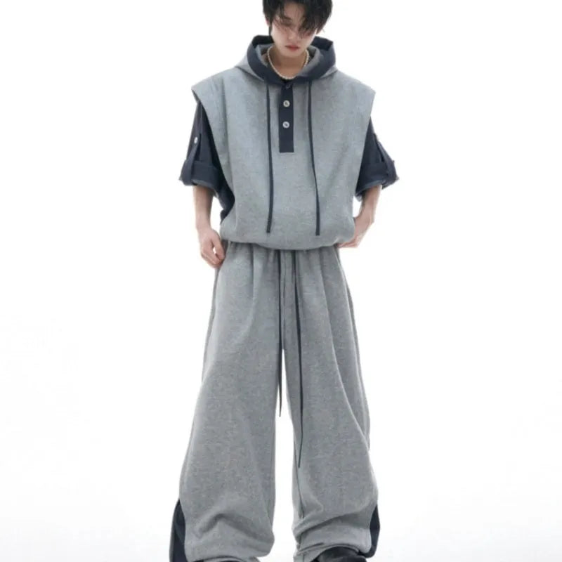 Men's black polyester sports leisure suit with hooded short sleeve jacket and trousers