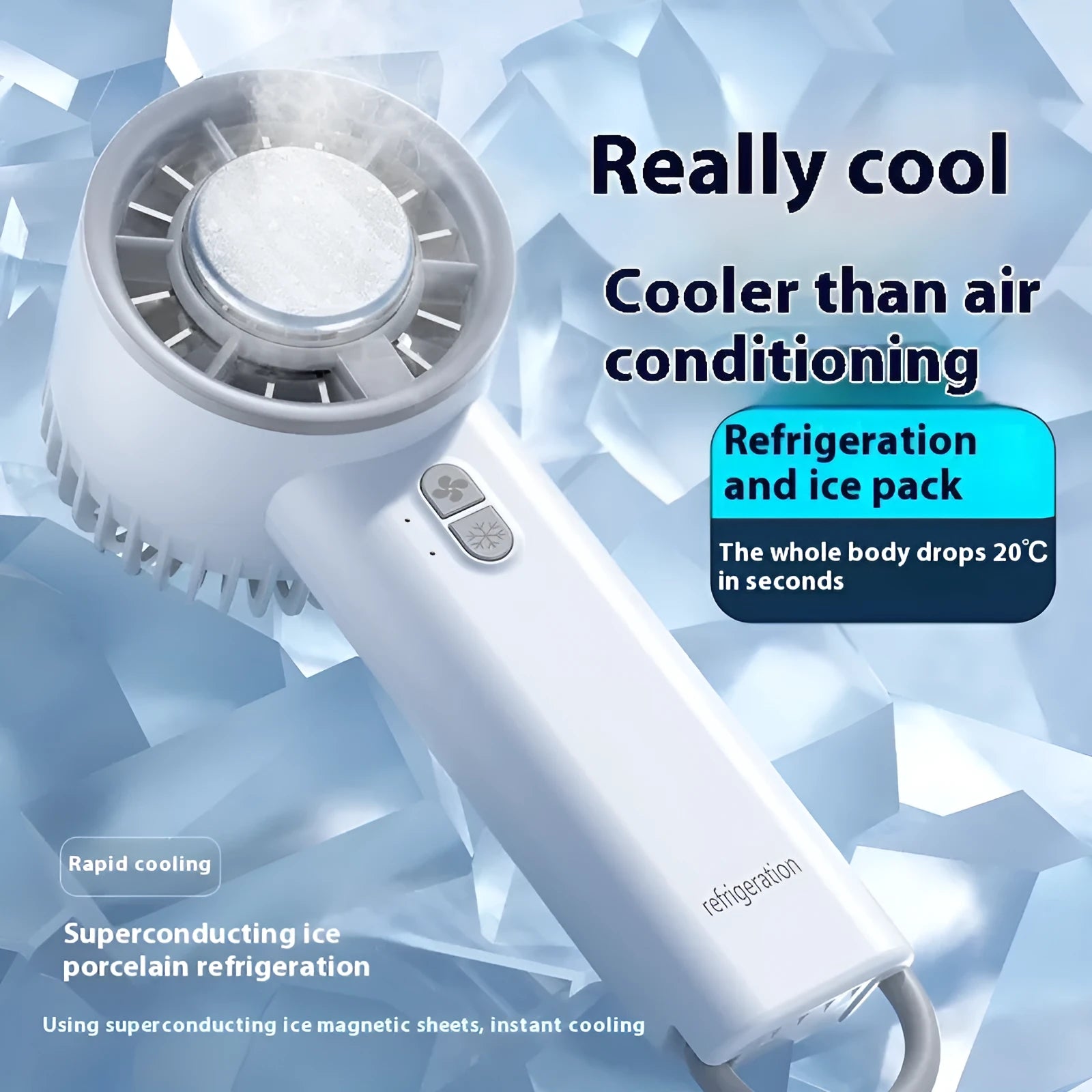 Semiconductor ice cooling handheld fan in ice white with LED lights and USB cable