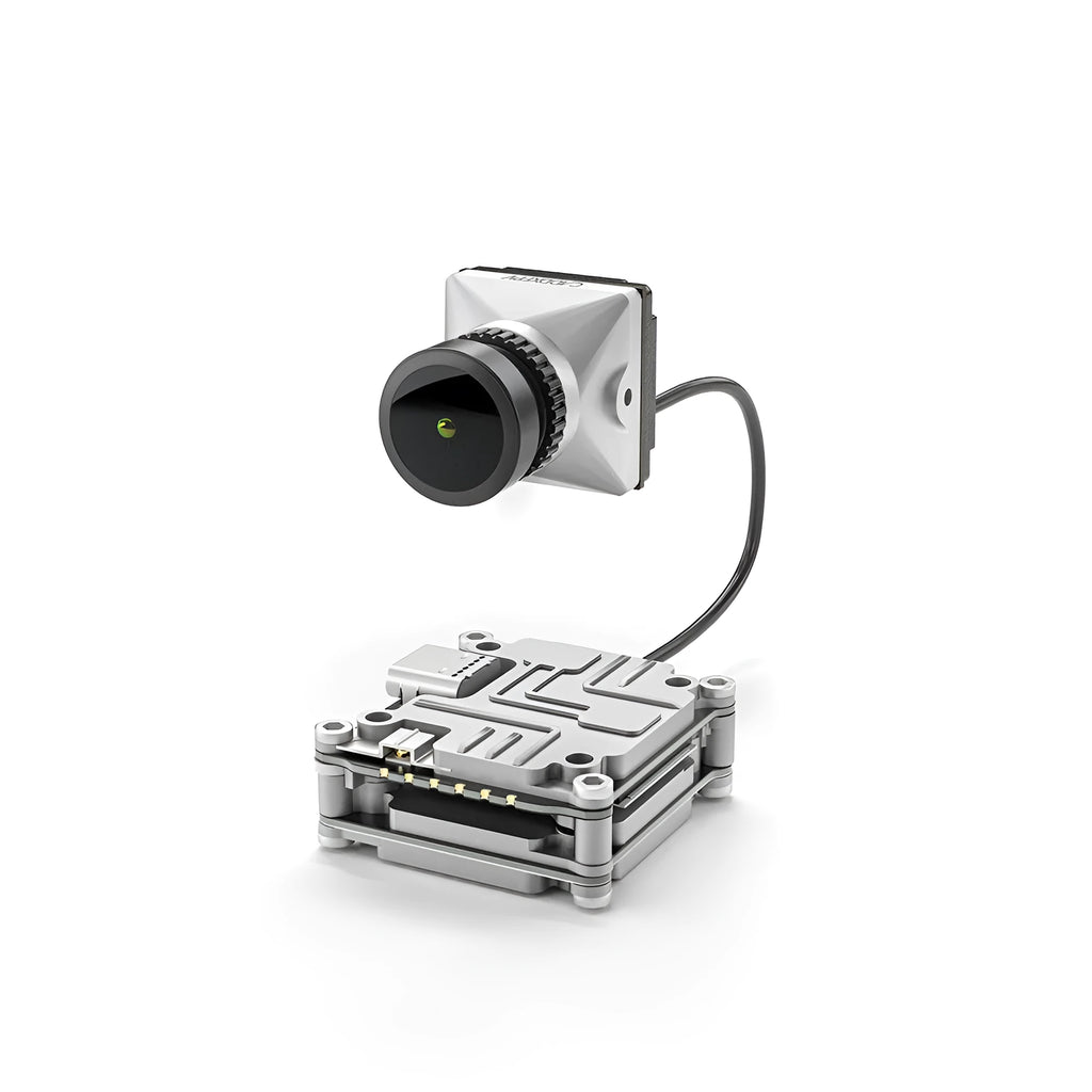 Silver Caddx ADAPTS digital image transmission unit for DJI FPV drones with connection cables and mounting screws.