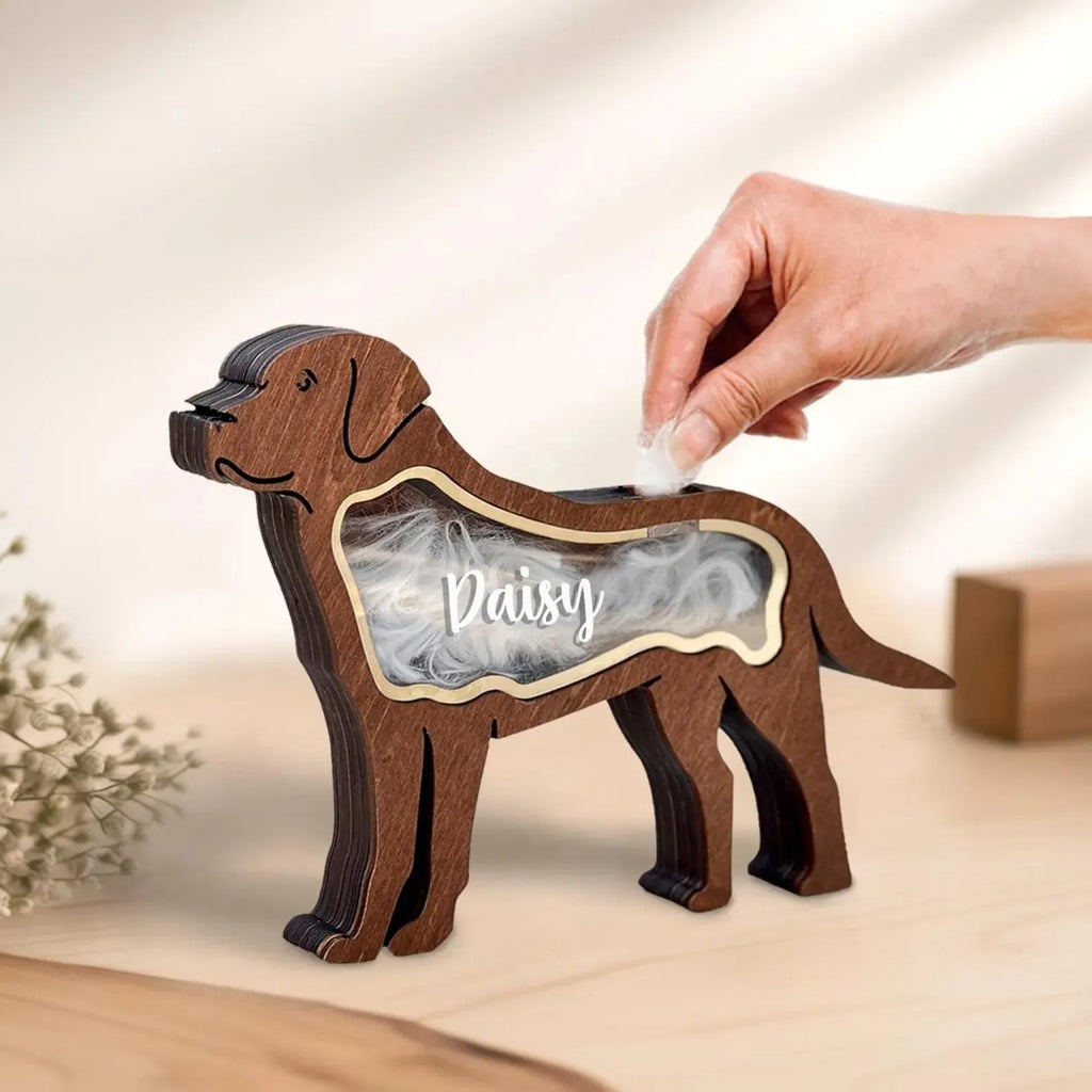 Creative wooden pet hair storage box in black C4 style for organising pet grooming tools.