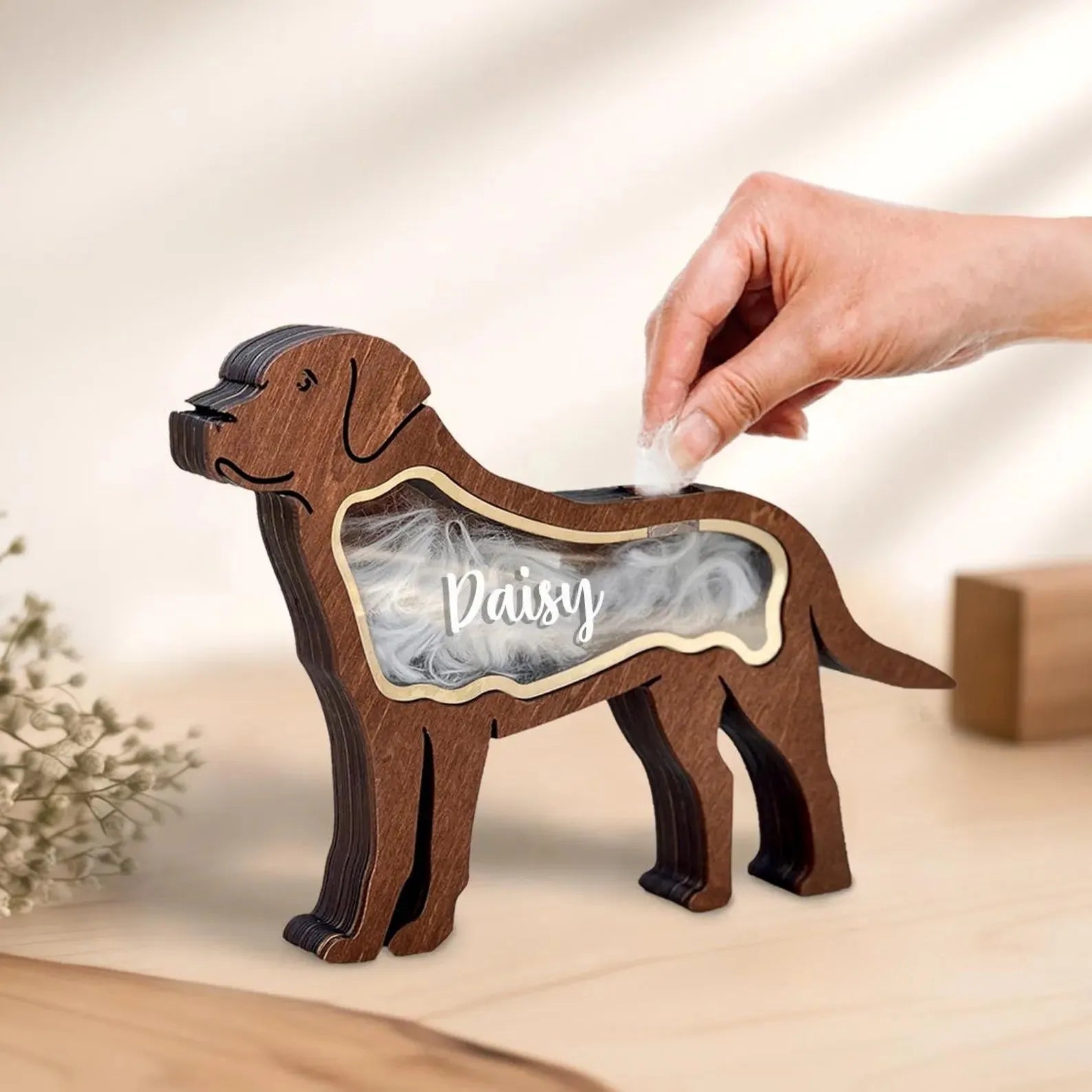 Creative wooden pet hair storage box in black C4 style for organising pet grooming tools.