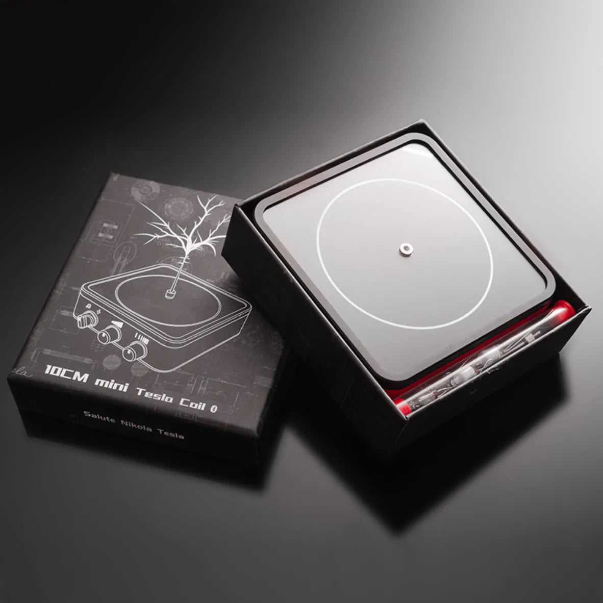 Music Tesla coil lightning speaker in black with Bluetooth connection, adjustable arc length, compact host