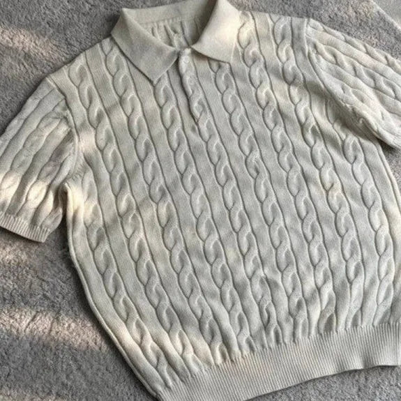 Men's twisted knit cotton short sleeve T-shirt in grey, shown on a hanger.