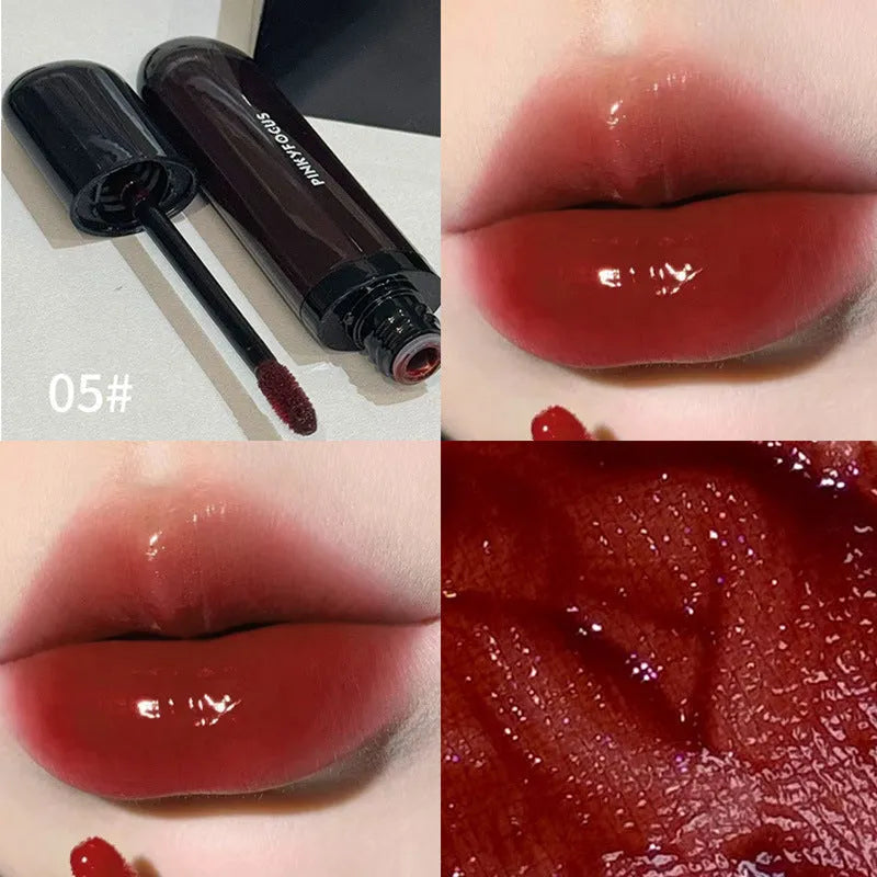 Black Shiny Makeup Mirror Lip Lacquer in six matte colour options including tomato, orange brown, and rose shades
