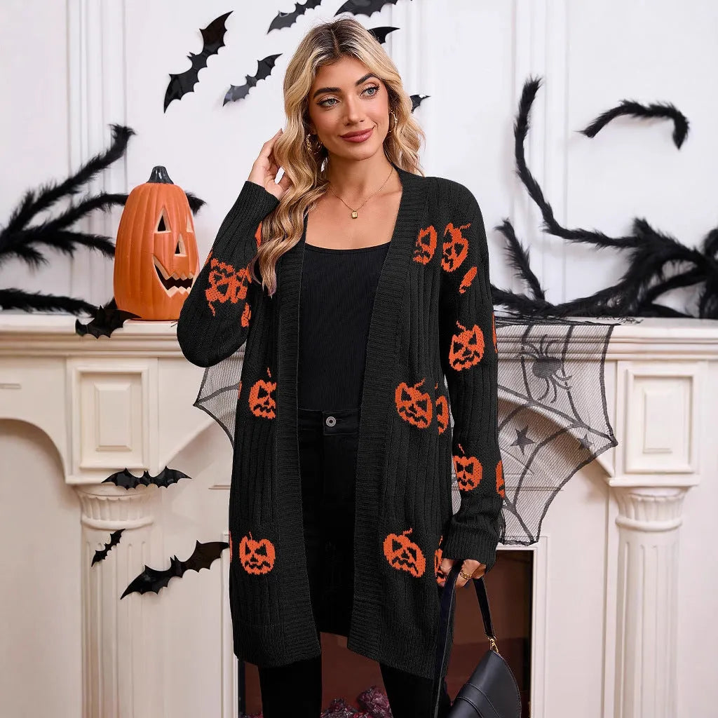 Women's black Halloween cardigan with Jacquard-knitted orange pumpkin head pattern and straight-cut design