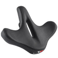 Black leather bicycle seat cushion with thick foam padding for shock absorption.