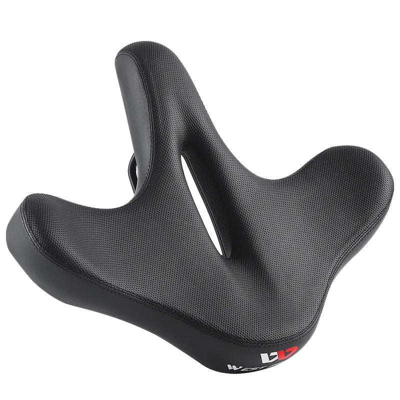Black leather bicycle seat cushion with thick foam padding for shock absorption.