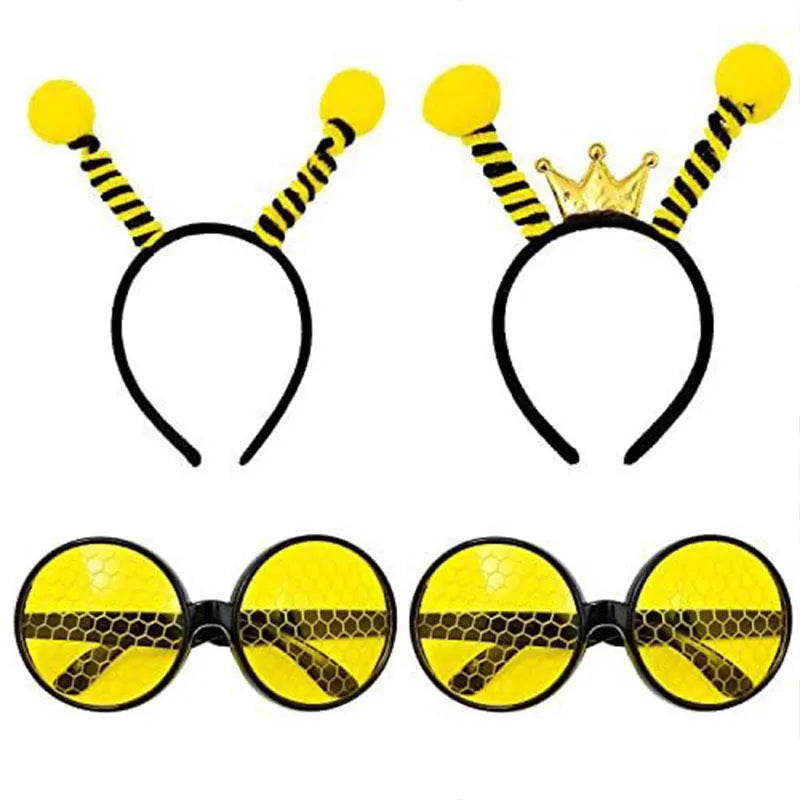 Yellow children's bee costume headband and matching bug-eye glasses for fancy dress parties.