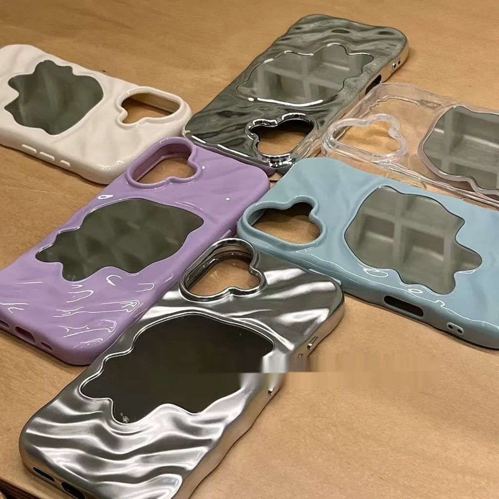 Beige iPhone case with a water ripple texture and a mirrored strip on the back.