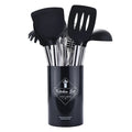 7 piece silicone kitchenware set with stainless steel tube handles including spatula, colander, and egg beater in red and black