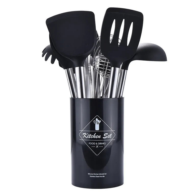 7 piece silicone kitchenware set with stainless steel tube handles including spatula, colander, and egg beater in red and black