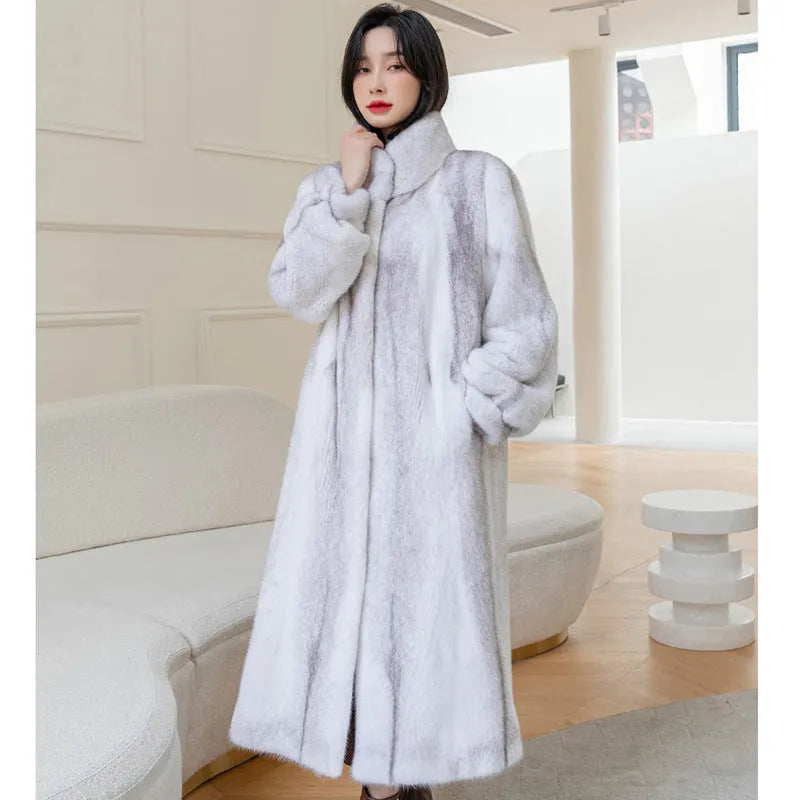 White full-length faux fur coat for women with a stand-up collar.