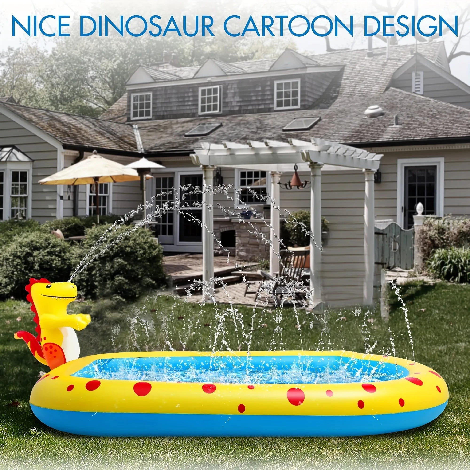Blue dinosaur-shaped inflatable pool with spray jets for children's water play